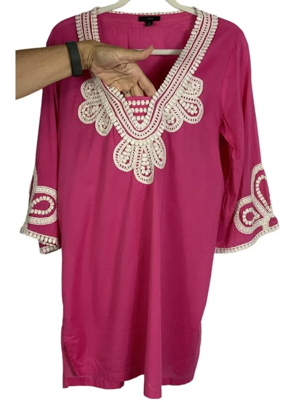 J.Crew Hot Pink Cotton Tunic Top Crochet Lace Beach Cover Up Medium Boho